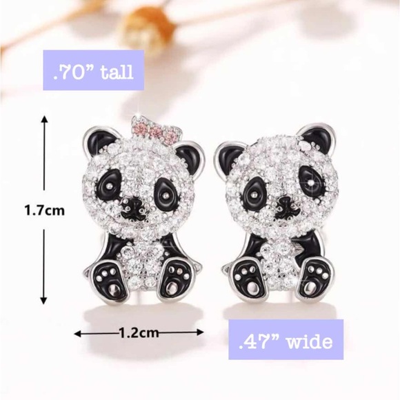 0.64Ct Zirconia & Silver Panda Earrings Cute Animal Stud Bear New - Picture 2 of 6